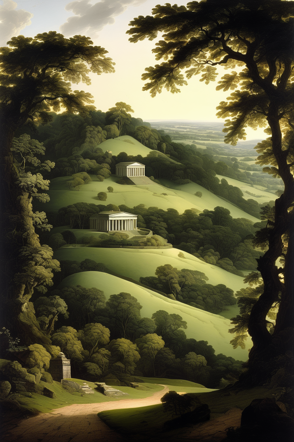 00508-3363557020-Joseph Wright Of Derby Style - 8k, rolling green english hills with lush landscape and folly, dark lush planting on the sides an.png